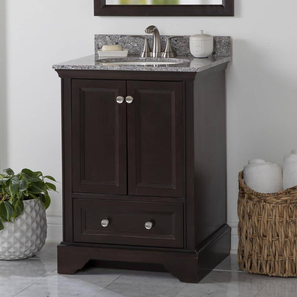 Home Decorators Collection Stratfield 25 in. W x 22 in. D x 39 in. H Single  Sink Bath Vanity in Chocolate with Mineral Gray Cultured Marble Top 