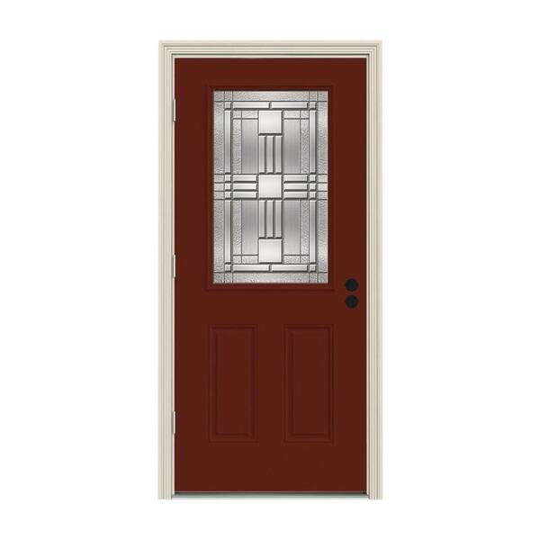 JELD-WEN 34 in. x 80 in. 1/2 Lite Cordova Mesa Red Painted Steel Prehung Right-Hand Outswing Front Door w/Brickmould