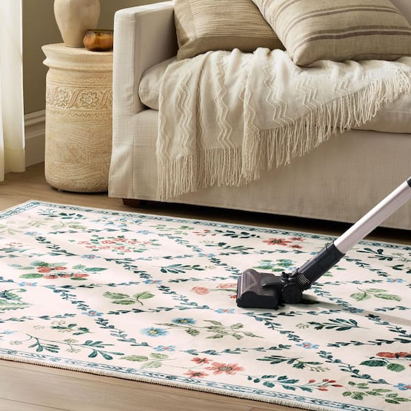 EVERWASH Haven 5 ft. x 7 ft. Ivory Floral Trellis Washable Area Rug