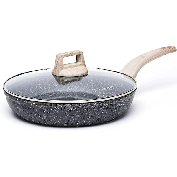 PRIMEPLUS 10 Inch Nonstick Granite Frying Pan Skillet with Lid, Black Egg Frying Pans Stone Cookware Chef's Pan