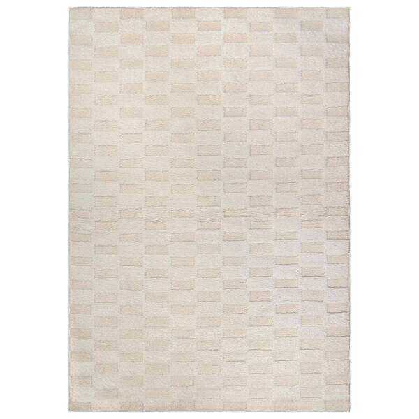 Checkerboard Block Power Loomed Soft Shag High-Low Indoor 4 ft. x 6 ft. White Area Rug