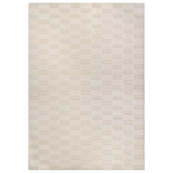 Checkerboard Block Power Loomed Soft Shag High-Low Indoor 5 ft. x 7 ft. White Area Rug