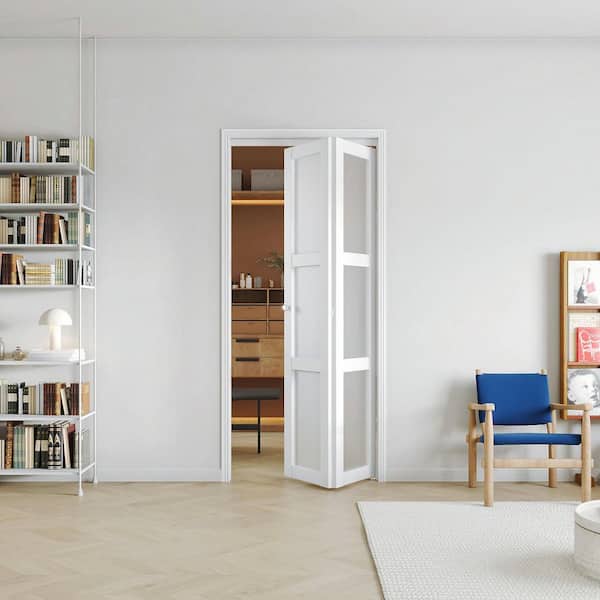 32 in x 80 in, 3 Lite, Frosted Glass, Solid Core, MDF, White, PVC Covering Bi-fold Door with All Hardware