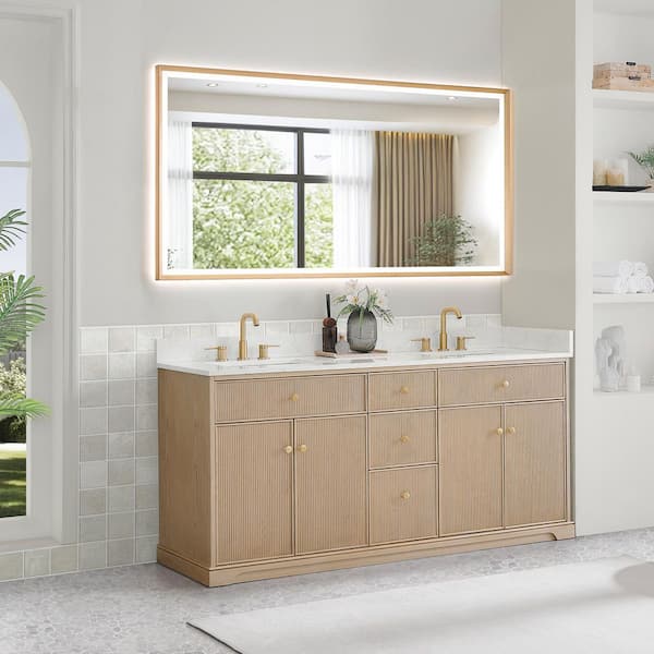 Barnett 72 in. Double Freestanding Natural Oak Bath Vanity with Grain White Engineered Stone Top Assembled