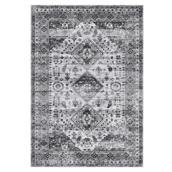 Vintage Floral Carpet Oriental Distressed Rug Washable Rug Low Pile Non-Slip Grey Black 4 ft. x 6 ft. Area Rug