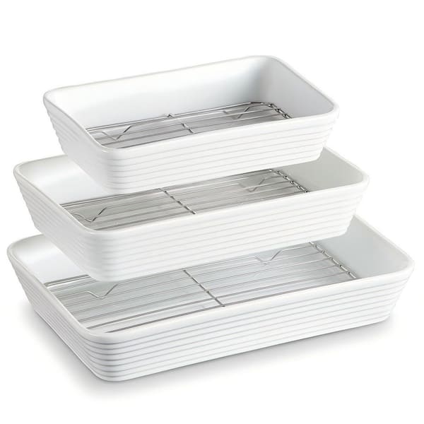3-Piece Casserole Dishes for Oven with Roasting Racks, Rectangular Ceramic Baking Dish Set, Deep Dish Lasagna Pan