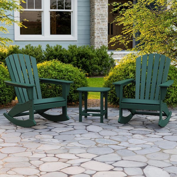 POLYWOOD Grant Park Green 3-Piece HDPE Plastic Adirondack Outdoor Rocking Chair Patio Conversation Set