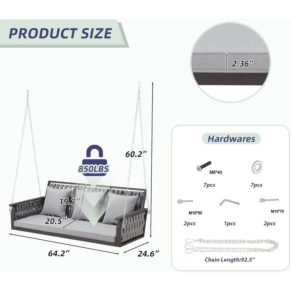 Gray Composite 3-Seat Porch Swing with Cushions and Chains
