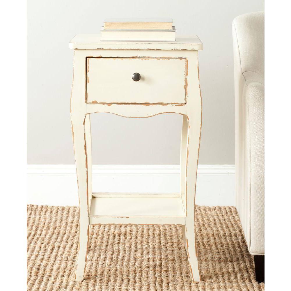 Vintage Cream Rectangular Wood End Table with Storage