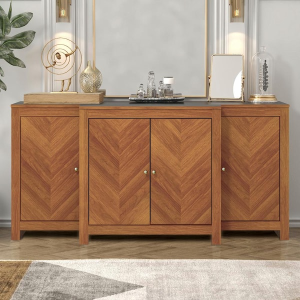 GALANO Zinnia Walnut Wood 61.9 in. 4 Door Wide Accent Sideboard with Adjustable Shelves