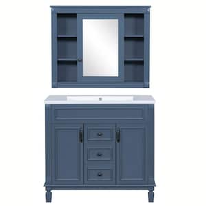 36 in. W x 18 in. D x 34 in. H Single Sink Freestanding Bath Vanity in Blue with White Resin Top with Medicine Cabinet
