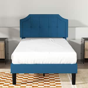 Upholstered Bed Frame, Blue Metal Frame Twin Size with Headboard Upholstered Platform Bed with Sturdy Wood Slat Support