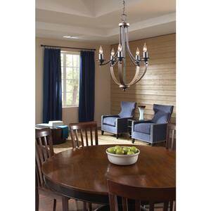Corbeille 21.5 in. W 5-Light Weathered Gray and Distressed Oak Single Tier Chandelier with Dimmable Candelabra LED Bulbs