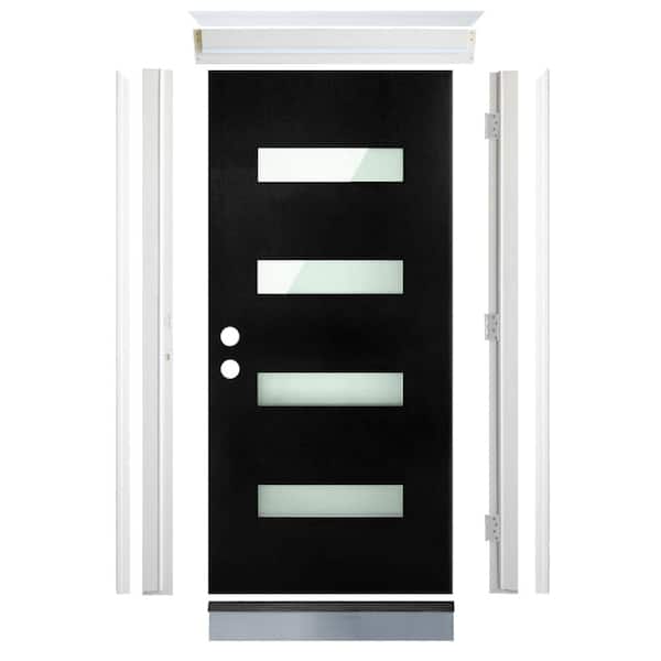 36 in. x 80 in. 4-Lite Right-Hand Inswing Frosted Glass Front Door, Painted Textured Black Fiberglass