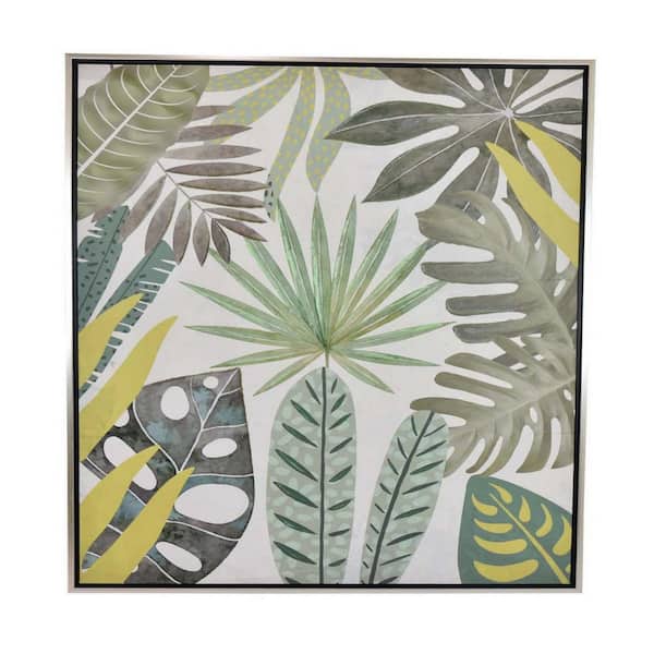 Benjara Green, White, Yellow and Silver Wooden Framed Botanical Flower Leaf Painting Wall Art