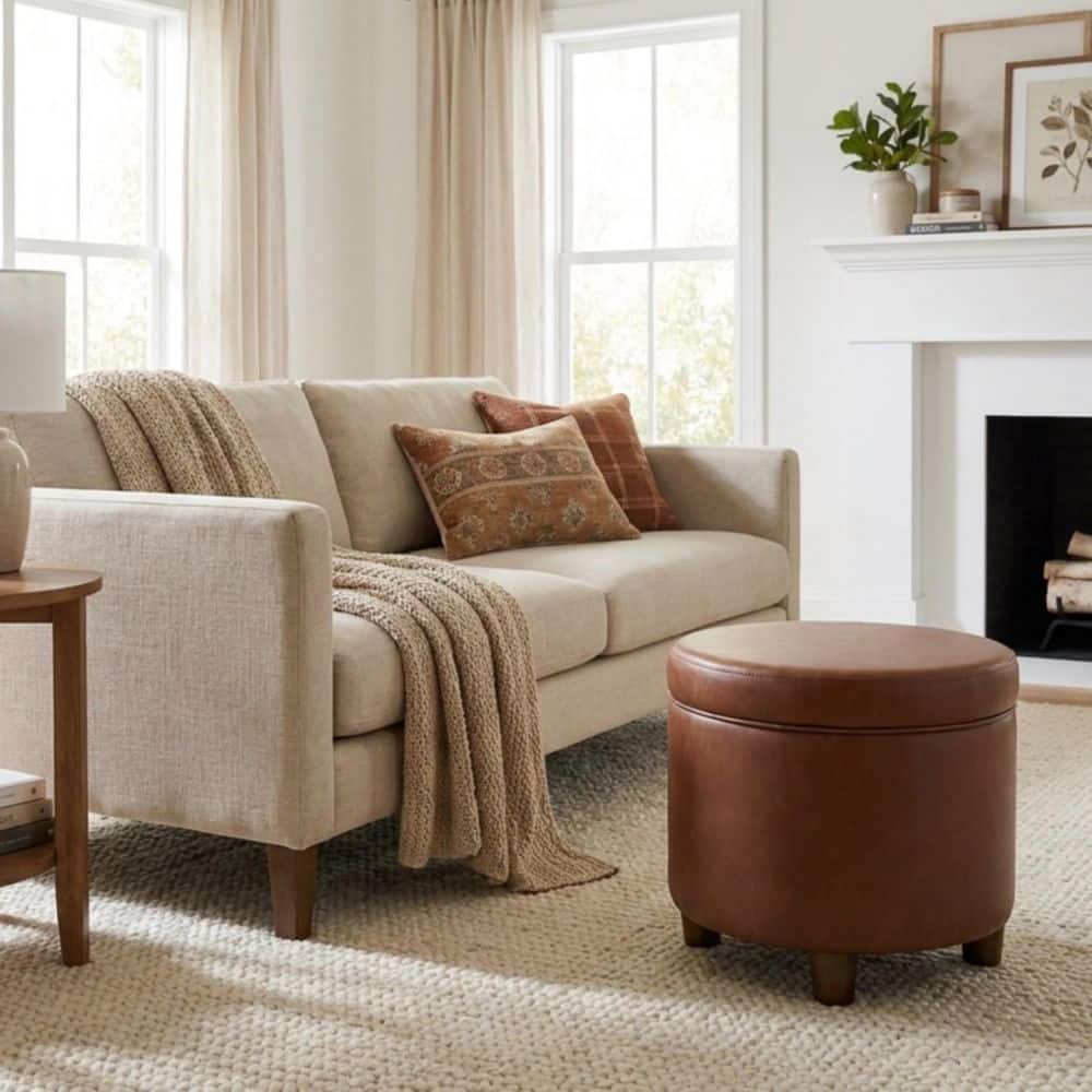 Homepop Chestnut Brown Faux Leather Round Storage Ottoman K7716