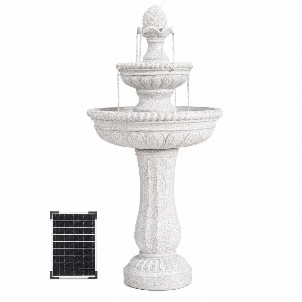 XBRAND 39 in. 2-Tiered Outdoor Freestanding Solar Water Fountain-Classic Design, White Resin Bird Bath with Pump