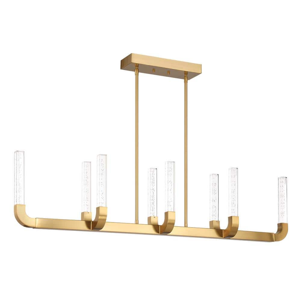 Warm Brass 8-Light LED Linear Chandelier with Clear Seeded Acrylic Shades