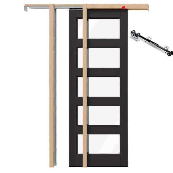 24 in. x 80 in. 5-Lite Clear Glass Black PVC Covering MDF Wood Pocket Door with Soft-Close and Frame Kit Set