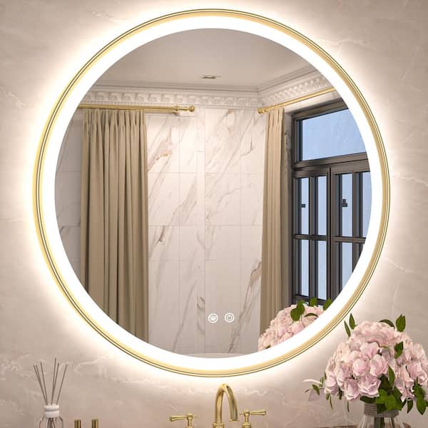 36 in. W x 36 in. H Round Aluminum Framed LED Light with 3-Color and Anti-Fog Wall Mount Bathroom Vanity Mirror in Gold