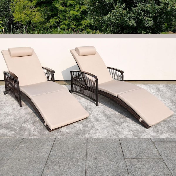 Brown Wicker Outdoor Chaise Lounge Set of 2 with Khaki Cushions for Backyard