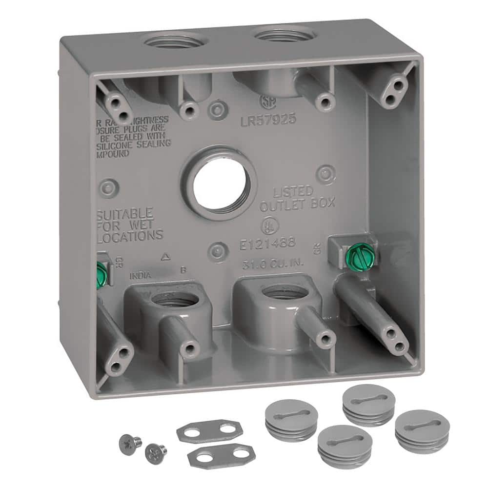 2-Gang Metal Weatherproof Electrical Outlet Box with (5) 1/2 inch Holes, Gr