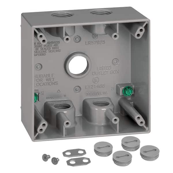 Commercial Electric 2-Gang Metal Weatherproof Electrical Outlet Box with (5) 1/2 inch Holes, Gray