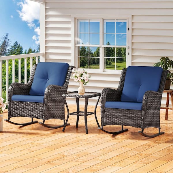 JOYSIDE 3-Piece Wicker Patio Outdoor Rocking Chair Set with Blue Cushions