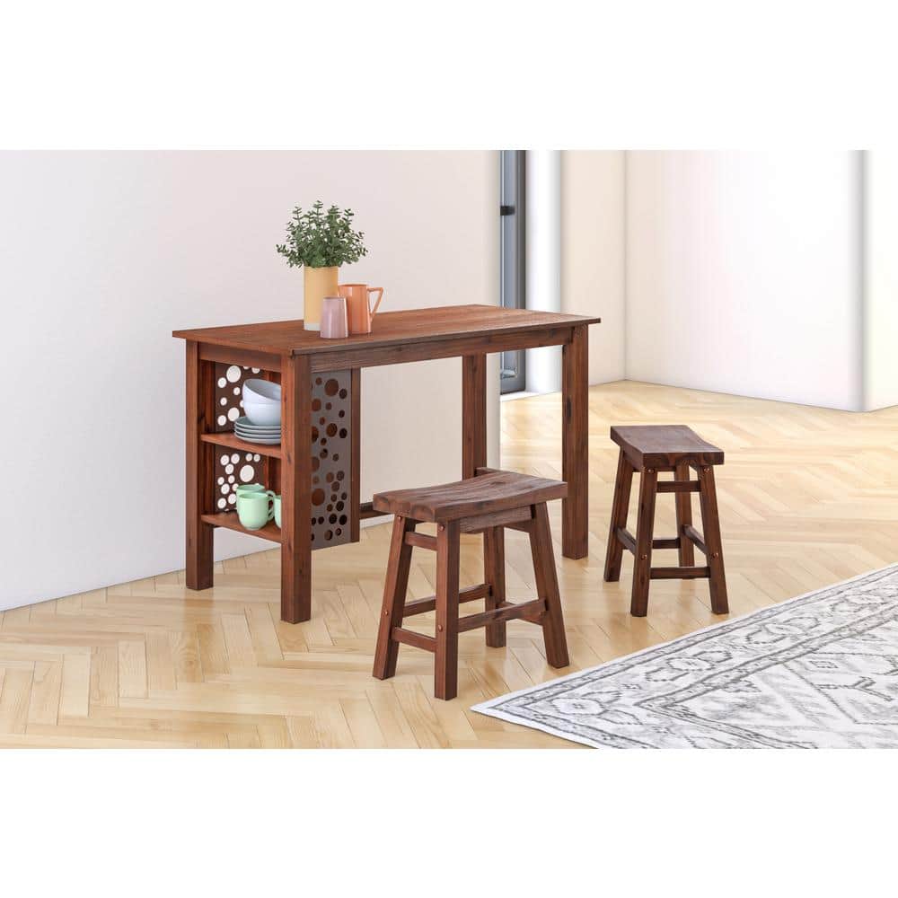 Set of 2 Rustic Chestnut Wire-Brushed Saddle Stools, 18" Height