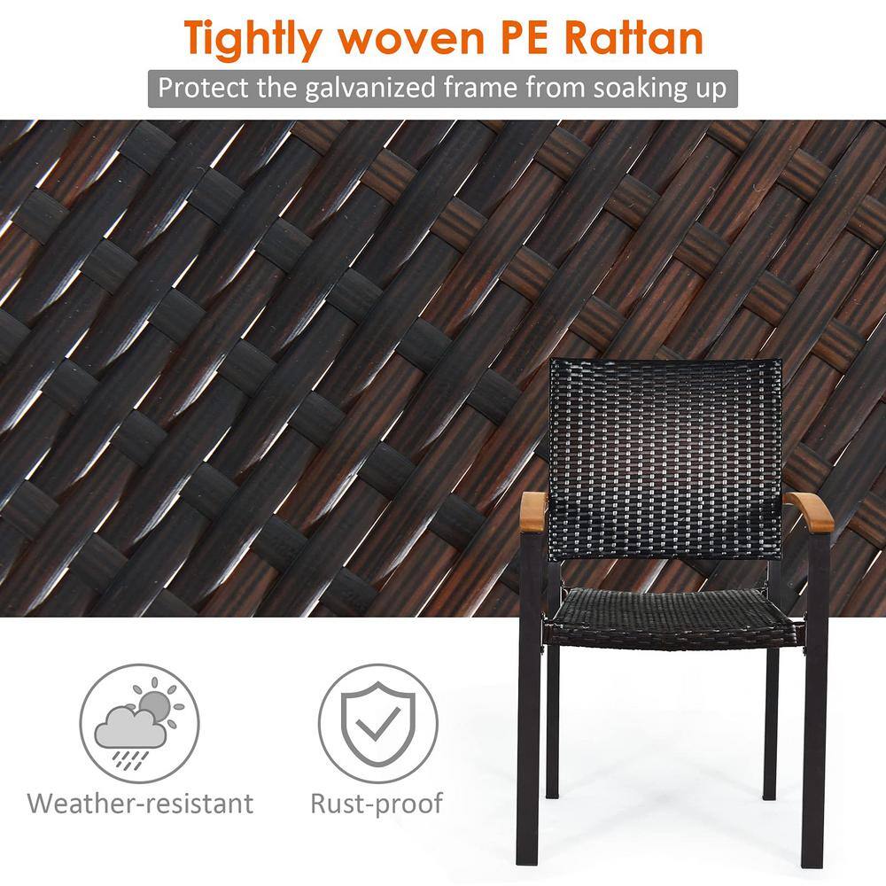 Black Wicker and Acacia Wood Stackable Outdoor Dining Chairs, Set of 4
