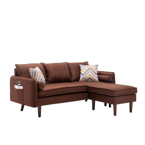 Benjara 70 in. Straight Arm 1-Piece Fabric L Shaped Sectional Sofa in Brown with USB Ports and Side Pockets