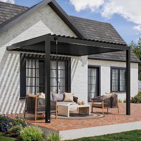 Evanston 12 ft. x 10 ft. Black Galvanized Steel Wall-Mounted Louvered Pergola Kit with Adjustable Roof and PowerPort