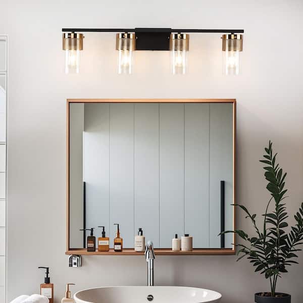 33.46 in. 4-Light Black and Antique Brass Vanity Light with Clear Glass Shade for Bathroom Modern Wall Sconce