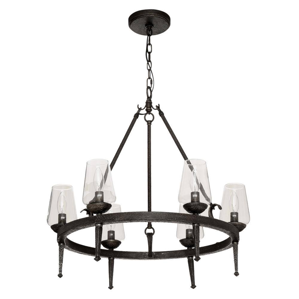 Rustic Black Iron 6-Light Chandelier with Clear Glass Shades