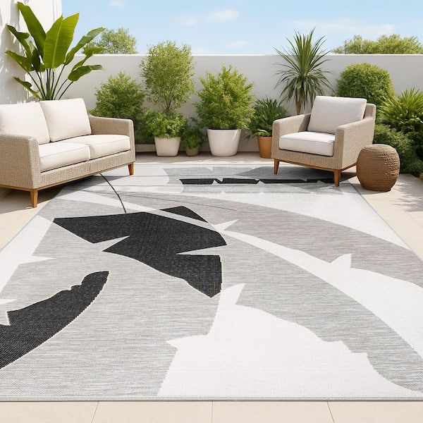 Shelby Coastal Vintage Abstract Palm Leaf Gray/Cream 3 ft. x 5 ft. Indoor/Outdoor Area Rug