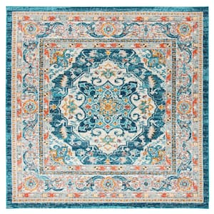 Phoenix Ivory/Blue 4 ft. x 4 ft. Border Floral Medallion Persian Square Area Rug