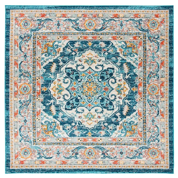 SAFAVIEH Phoenix Ivory/Blue 4 ft. x 4 ft. Border Floral Medallion Persian Square Area Rug