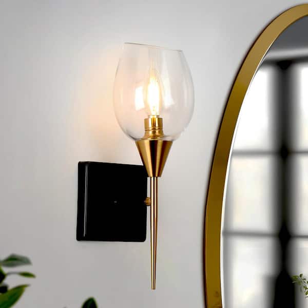 Uolfin Modern Round Bedroom Wall Light(s) Cali 1-Light Black & Brass Bathroom Vanity Light Glass Wall Sconce for Powder Room
