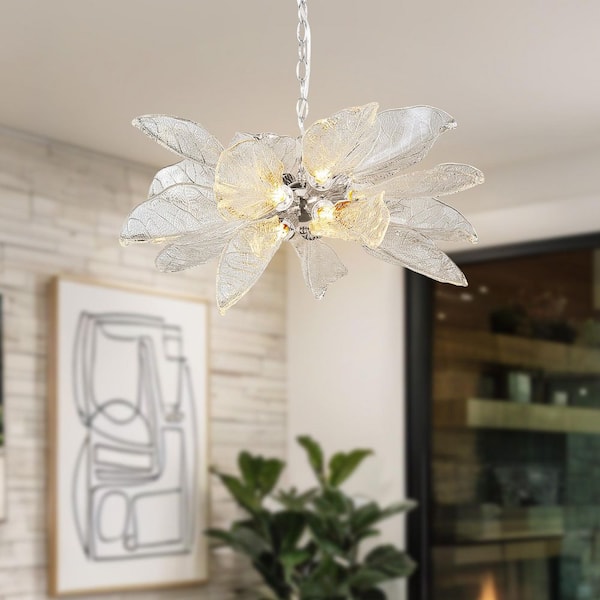 YUYI D23 in. 16-Light Silver Modern Chandelier, Crystal Leaf Chandelier for Bedroom, Dining Room, Living Room, Foyer