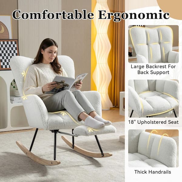 26 in. W Ivory Teddy Fabric Rocking Chair with Adjustable Footstool, High Back Tufted Backrest, Side Storage Pocket