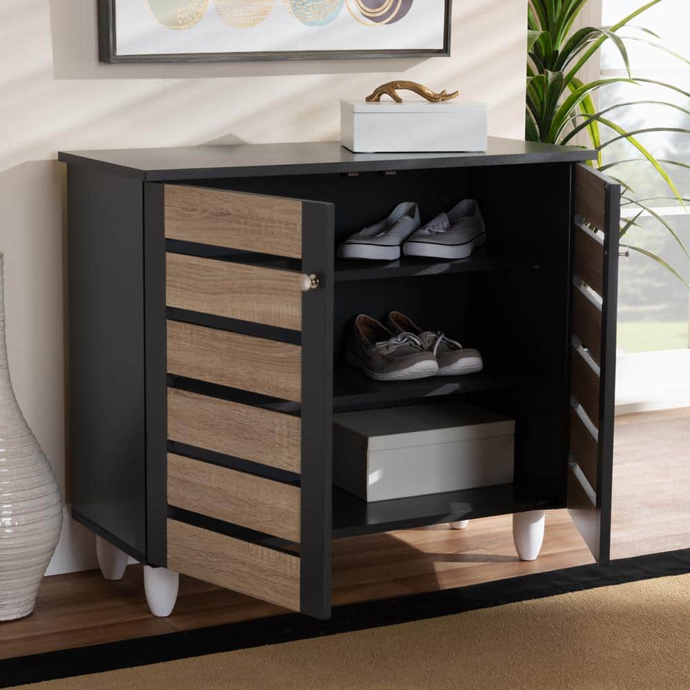 Two-Tone Oak and Dark Gray 2-Door Shoe Storage Cabinet