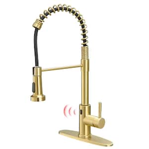 Commercial Touchless Single Handle Spring Pull Down Sprayer Kitchen Faucet with Power Clean&Deck Plate in Brushed Gold