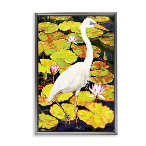 Stupell Industries Stepping Bird on Lily Pads by Rosiland Solomon Gray Floater Frame Animal Graphic Art Print 25 in. x 17 in.