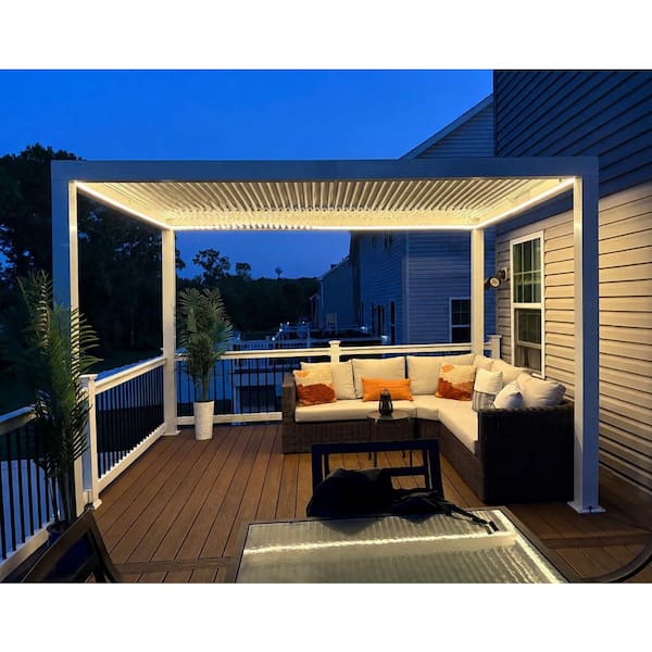 10 ft. x 12 ft. White Aluminum Outdoor Louvered Pergola with Individual Adjustable Sunshade Roofs and LED Lights