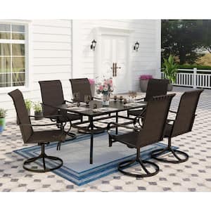 Black 7-Piece Metal Patio Outdoor Dining Set with Slat Table and Brown Rattan High Back Swivel Chairs