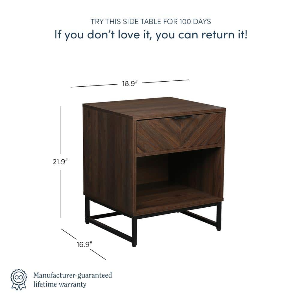 Kensi Rustic Walnut and Black 2-Drawer Nightstand with Matte Metal Base