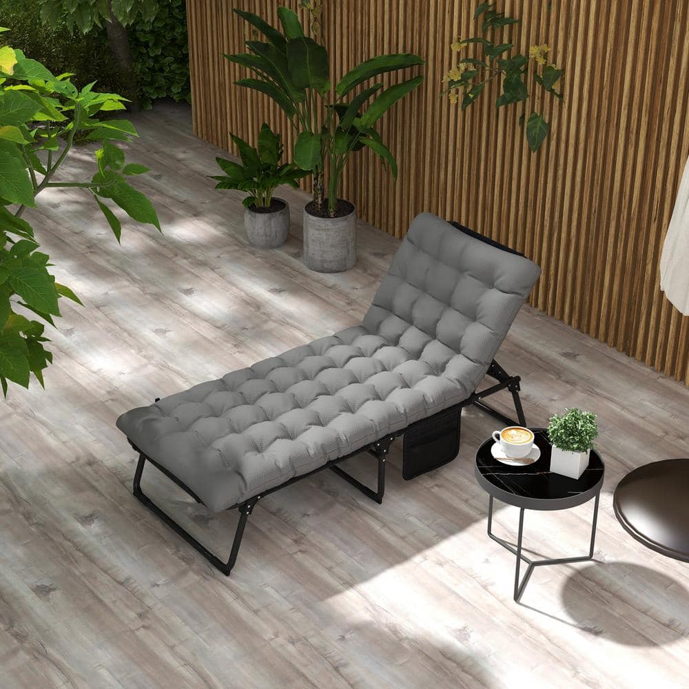 Gray Adjustable Folding Outdoor Chaise Lounge with Cushion