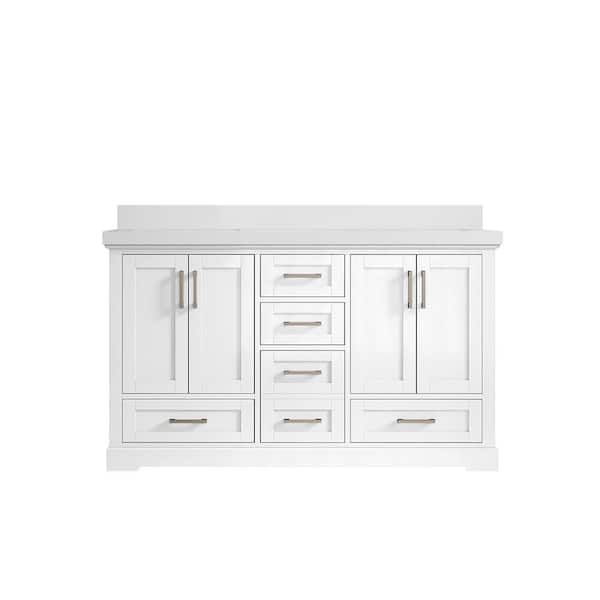 Boston 60 in. W x 22 in. D x 36 in. H Double Sink Bath Vanity in White with 2" White Quartz Top