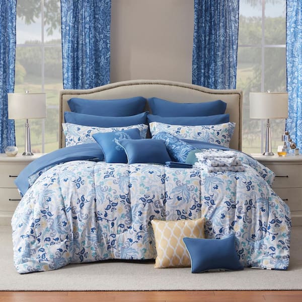 24-Piece Blue Floral Kelsey King Bed in a Bag Microfiber Comforter Set