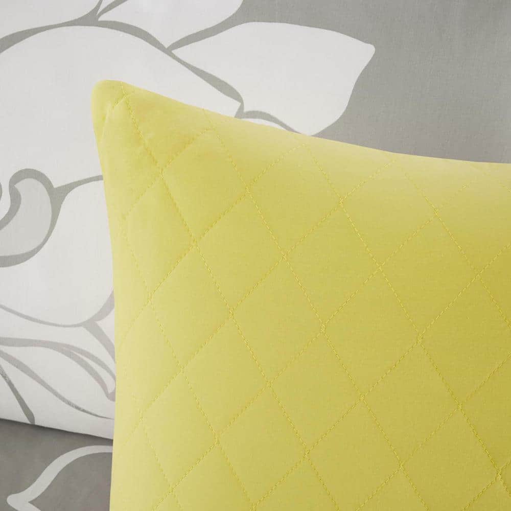 Gray and Yellow Floral Reversible Cotton King Quilt Set